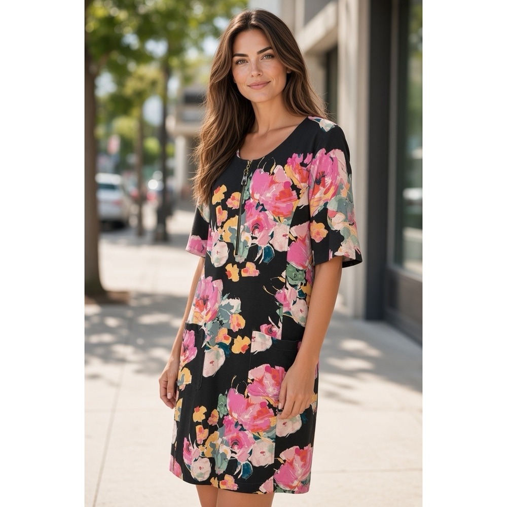 Spartina 449 Large Helena Ponte Knit Floral Shift Dress Zip Detail Patch Pocket